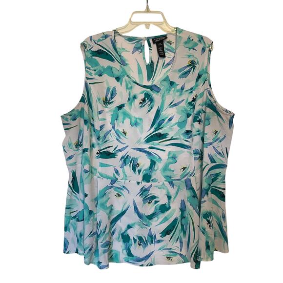 Catherines Watercolor Floral Tiered Tank Womens Size 3X White Teal Babydoll - Picture 1 of 6